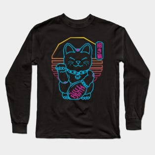 Maneki Neko Japanese Lucky Cat Retrowave 80s Aesthetic Long Sleeve T-Shirt